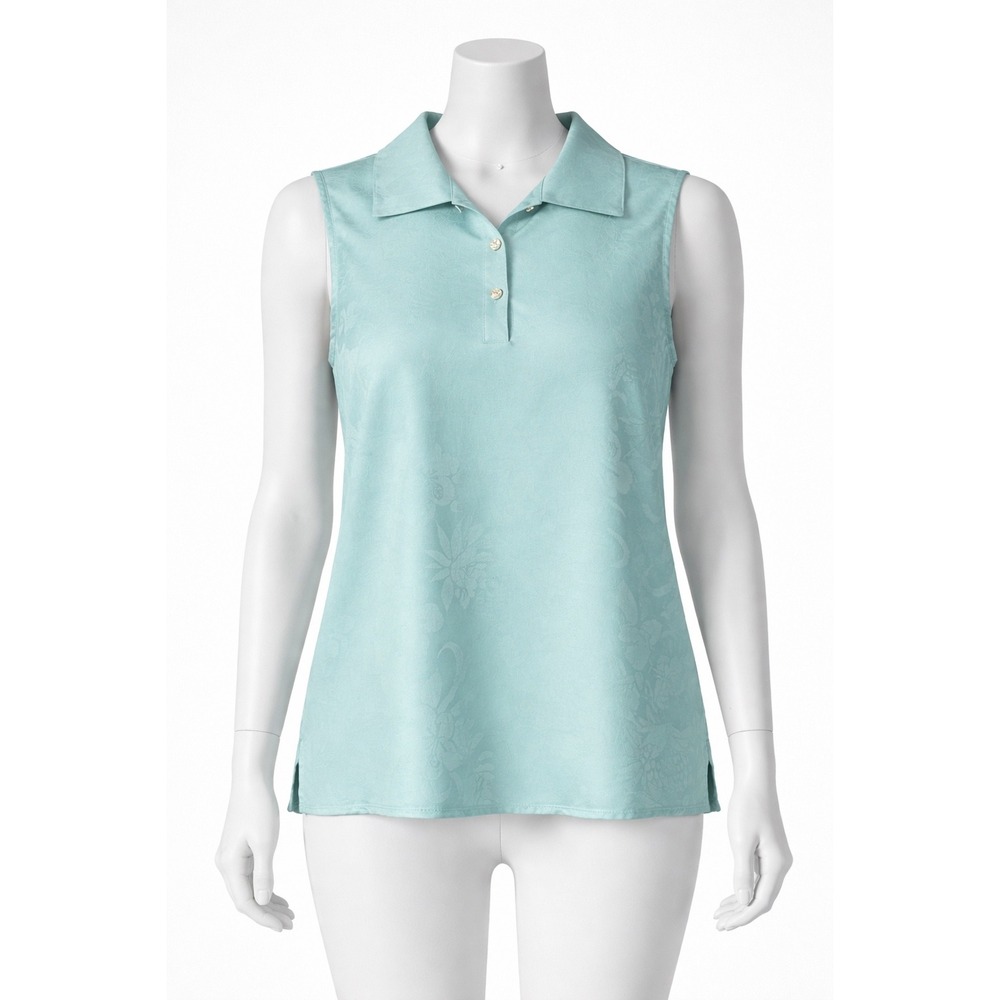 Tommy Bahama 100% Silk Aqua Blue Jacquard Floral Sleeveless Polo Blouse Women M